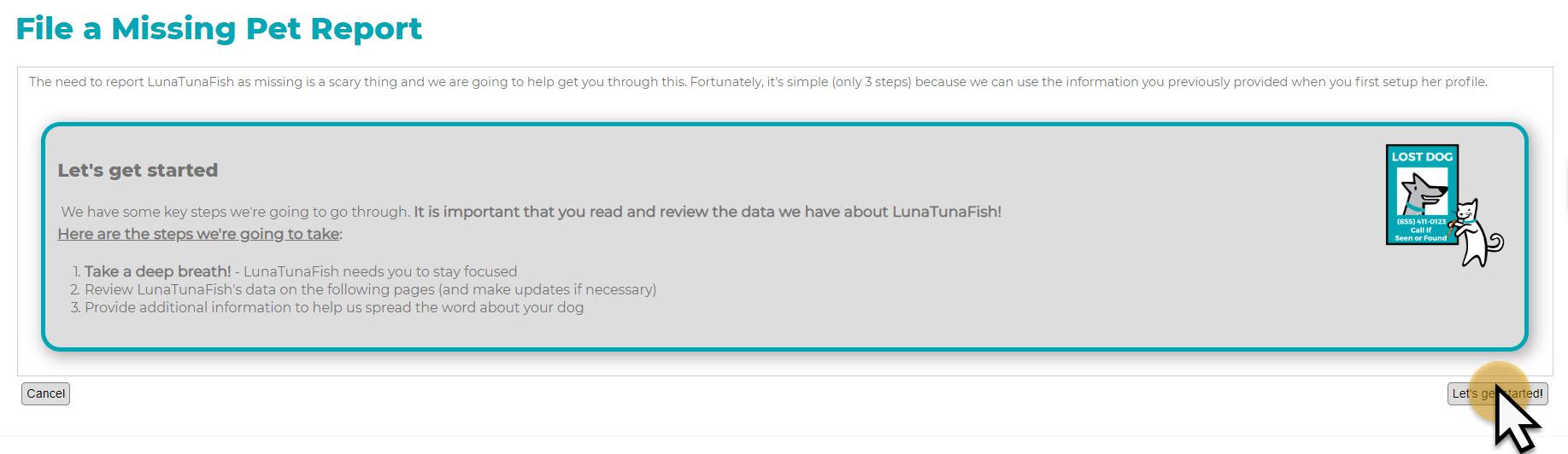 Screenshot of PetHub 'File a missing pet report'