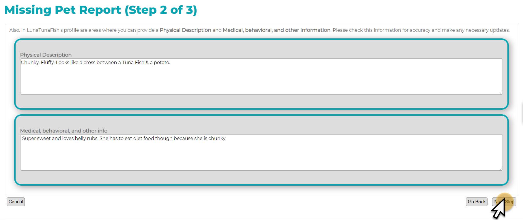 PetHub missing pet report (step 2 of 3)