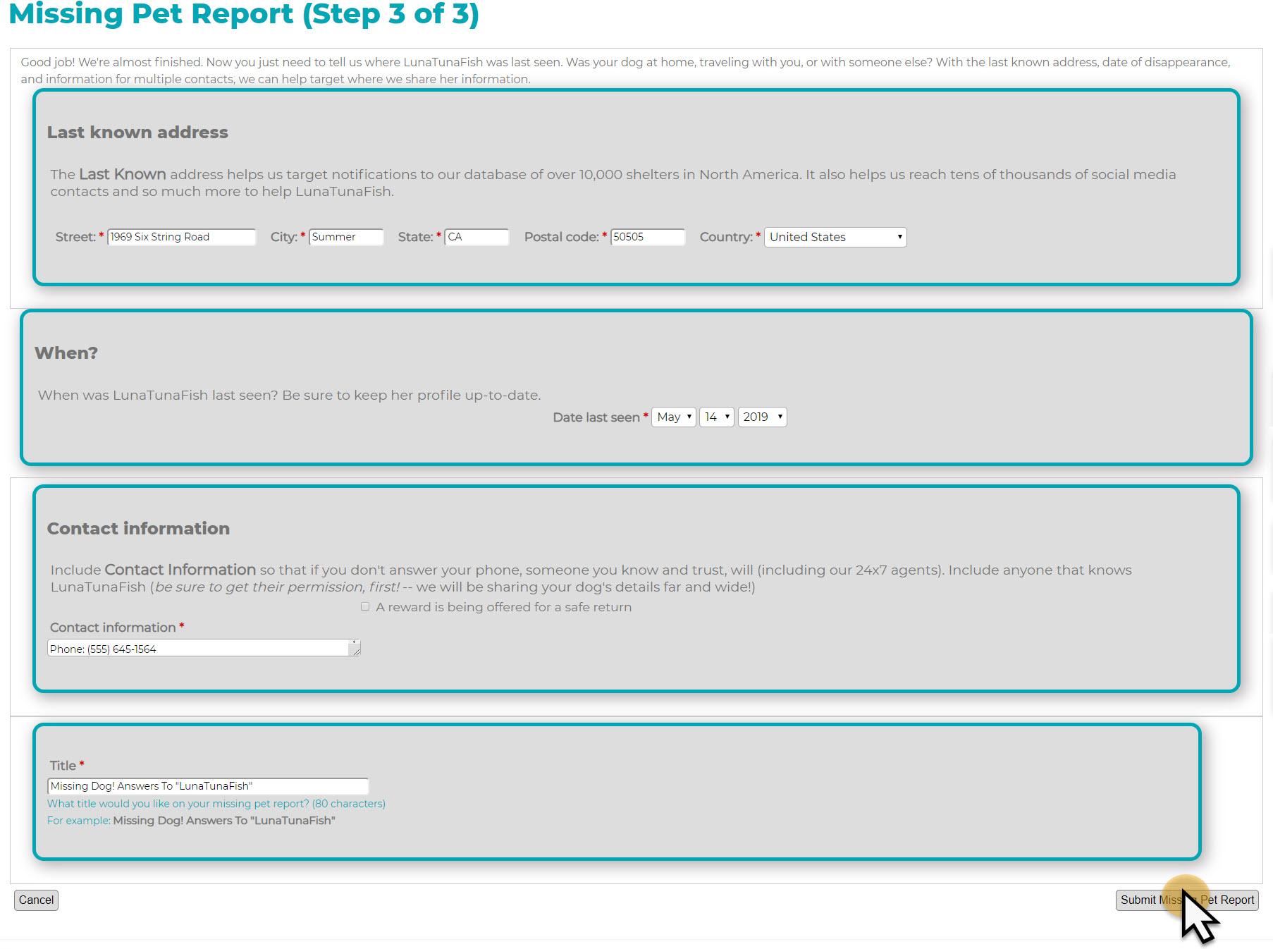 PetHub missing pet report (step 3 of 3)