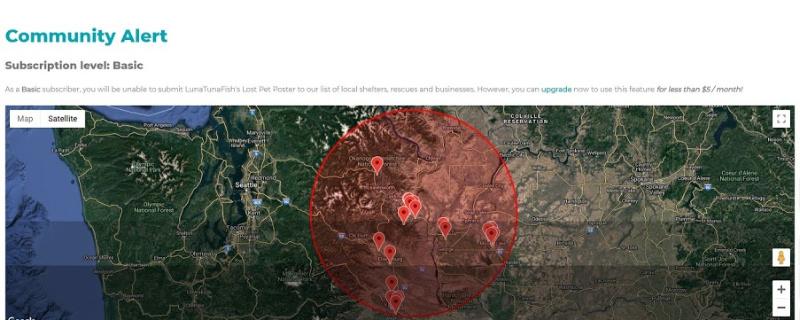 PetHub Community Alert map with red circle