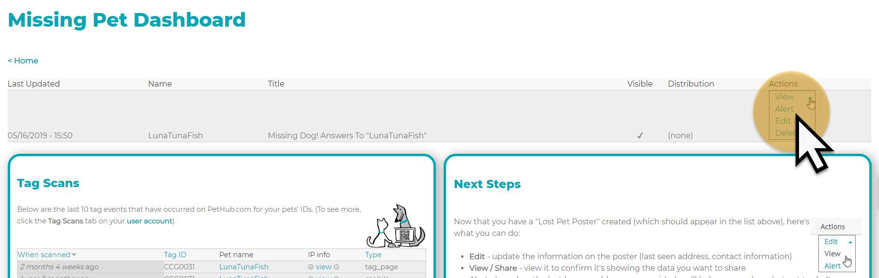 PetHub missing pet dashboard